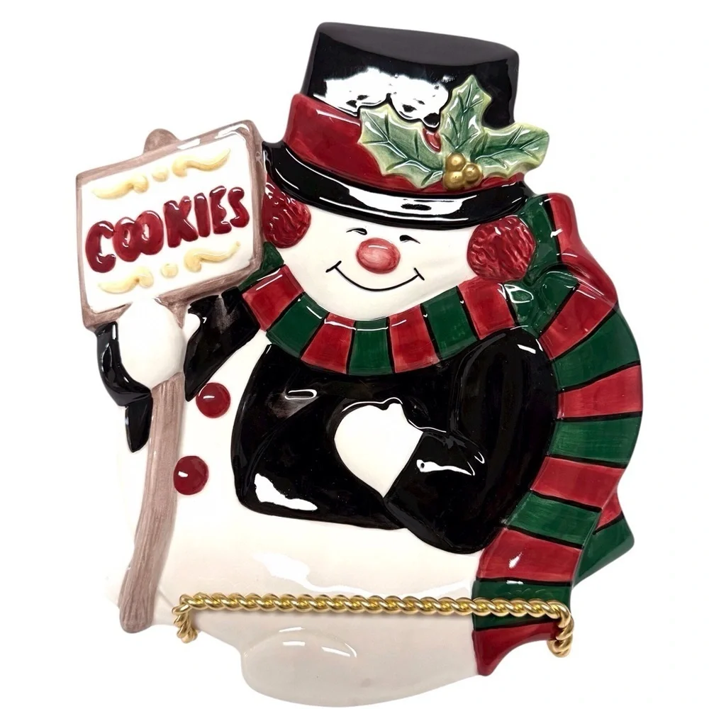 Fitz and Floyd Festive Snowman with Holly Canapé Plate Red/Green/Black EUC